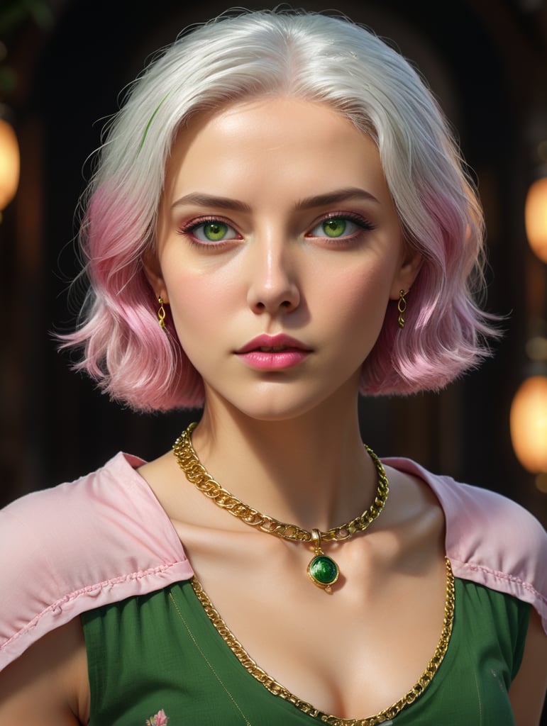 Белые волосы не очень длинные, зеленые глаза, тонкая золотая цепочка, розовая Майка не очень длинная, черные широкие штаны