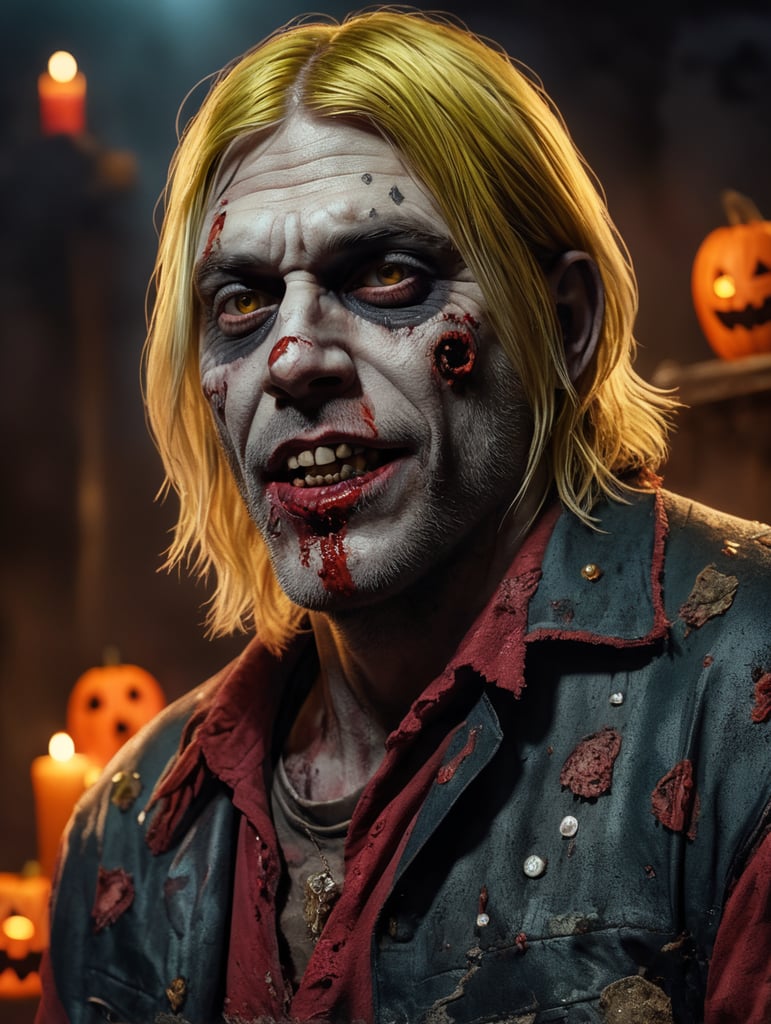 Kurt Cobain as a zombie, wearing creepy and spooky Halloween costumes, Vivid saturated colors, Contrast color