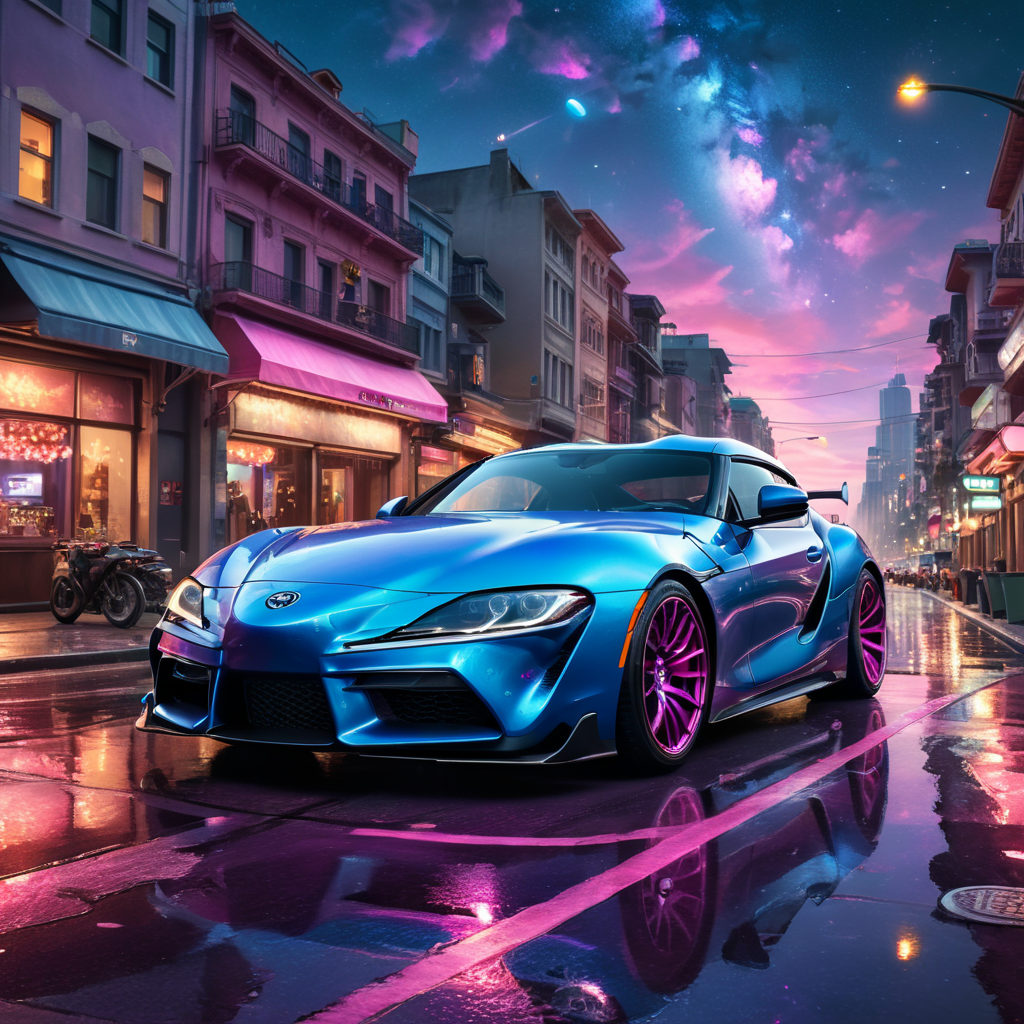 Blue Toyota Supra front camera on a city metropolis street at night with pink and purple sky and stars, high quality, ultra detailed, vivid colors, symmetrical