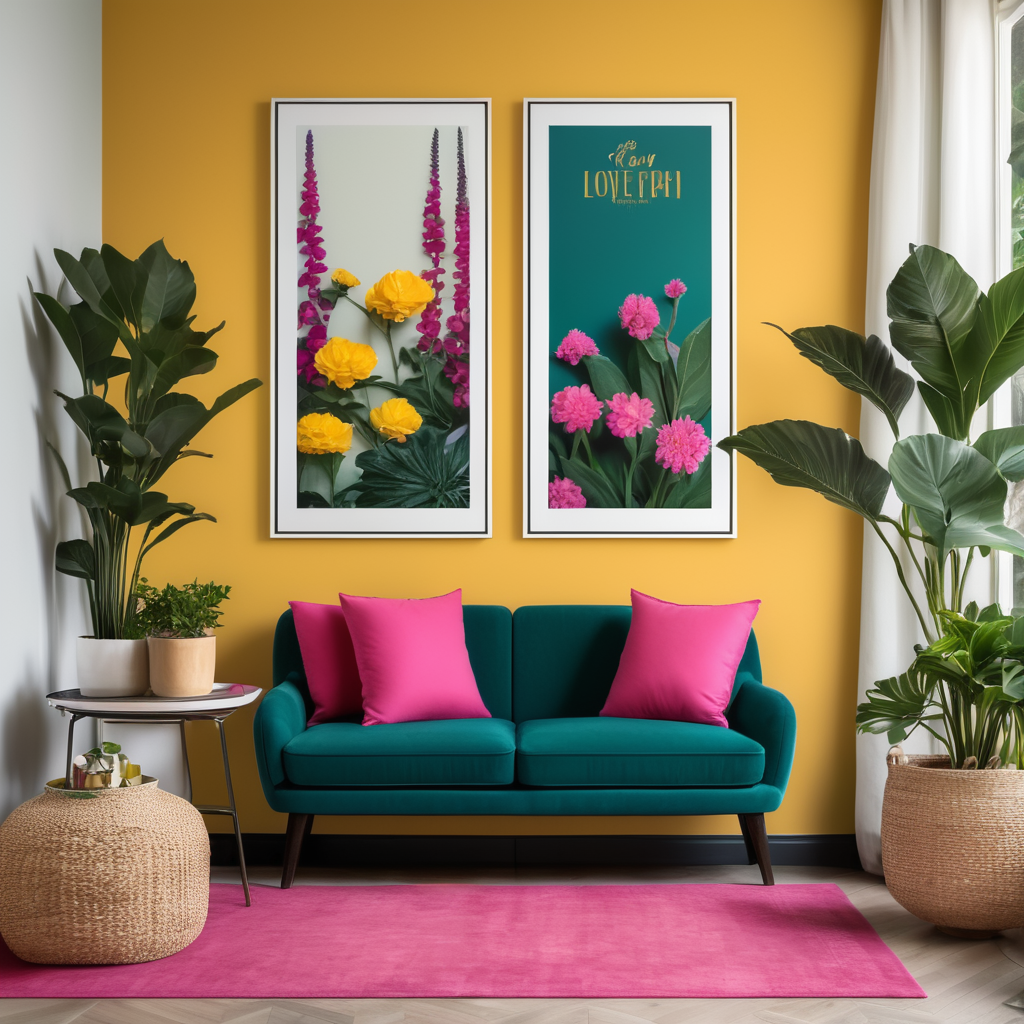 Mockup for two frames of 24x36 in. posters, hanging on a wall painted dark teal color, in a french modern country style livingroom, hot pink sofa and yellow pillows, many plants and flowers, bright livingroom