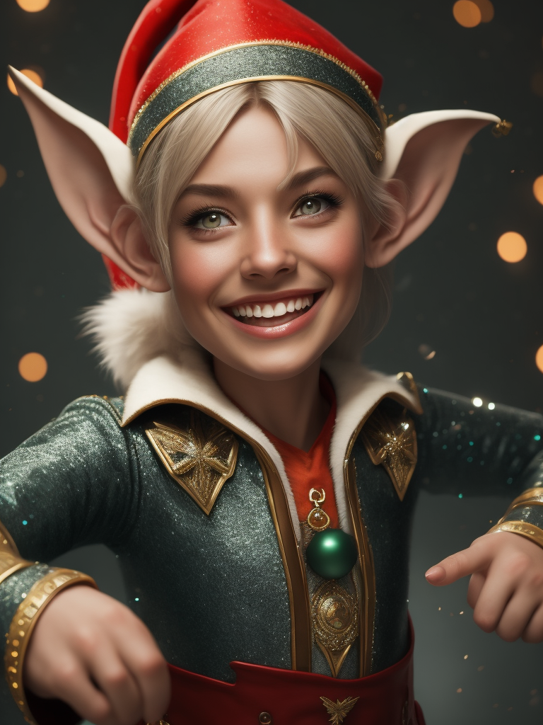 Please create a photo-realistic image of a Christmas elf, adorned in festive attire, smiling and dancing joyfully. The elf's outfit should be vibrant and detailed, capturing the essence of the holiday spirit. The expression on the elf's face should radiate happiness and merriment, with eyes sparkling with festive cheer. The elf's pose should convey movement and the joy of dance. The background of the image should be a solid, neutral color, ensuring the elf remains the primary focus and facilitating easy integration into other designs