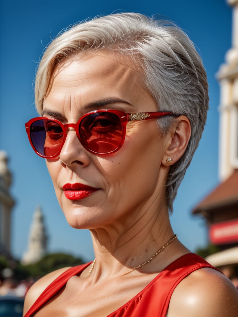 A portrait of a beautiful English older woman with white platinum short hair and big sunglasses, dressed all red, blue background, big cleavage, glamorous London portrait, highly realistic, women designer, very fashionable, colourful