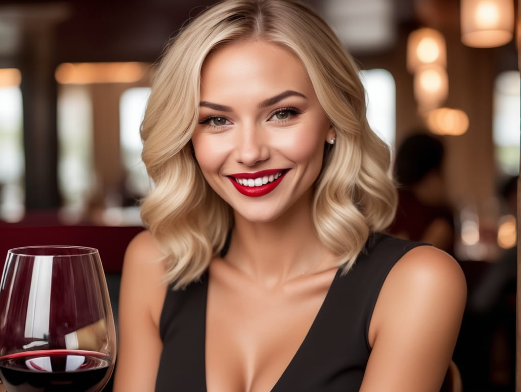 tease, perfect face, seducing, first date, smile, blond woman, restaurant, red wine, red lips