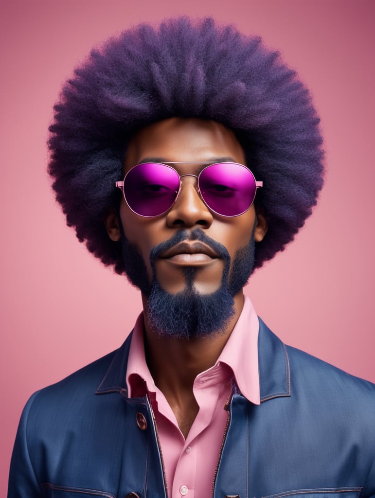 Afro ebony man, sunglasses, avant-garde, simplygo, photoshoot spread, dressed in all indigo, pink background, harpers bizarre, cover, headshot, hyper realistic