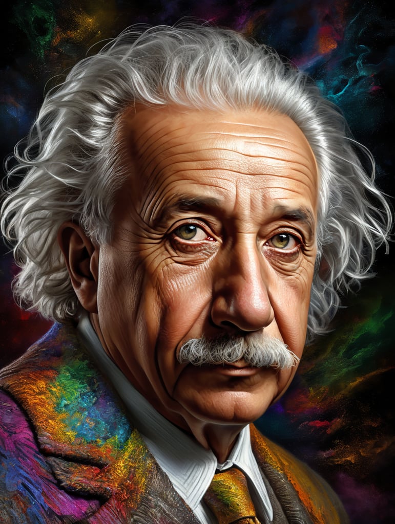 standing centered Portrait of Albert Einstein, bright and saturated colors, highly detailed, sharp focus, Bright expressive, Dramatic Lighting, Depth of field, Incredibly high detailed, on a white background