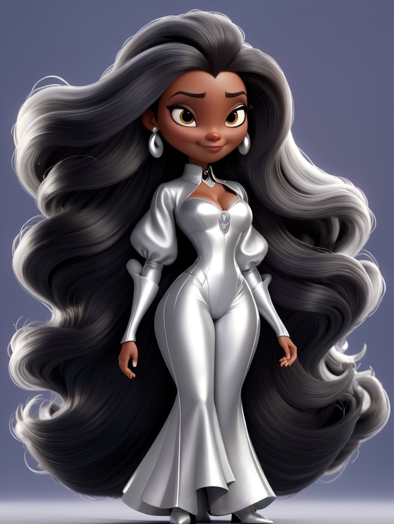 black Bad woman with silver extra long hair and silver outfit, Disney style, Pixar style, 4k