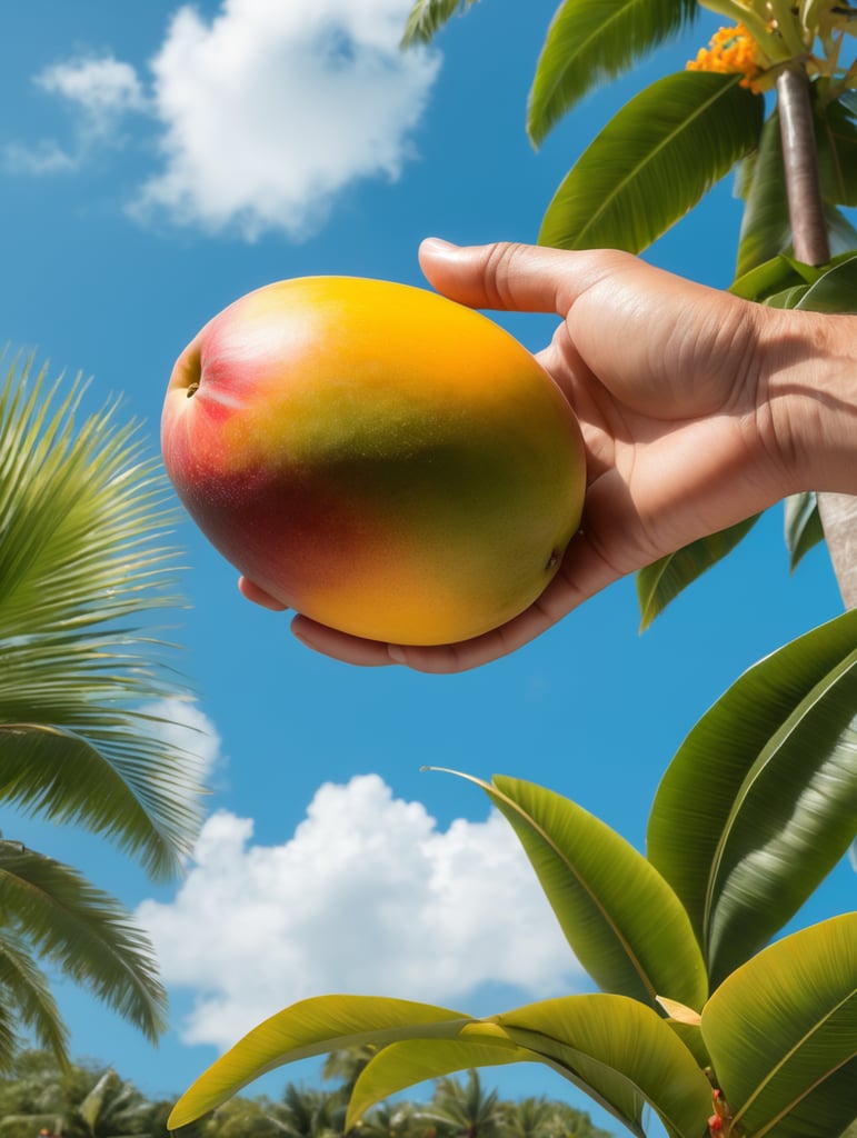 a hand holding a mango against the background of blue sky and tropical flowers