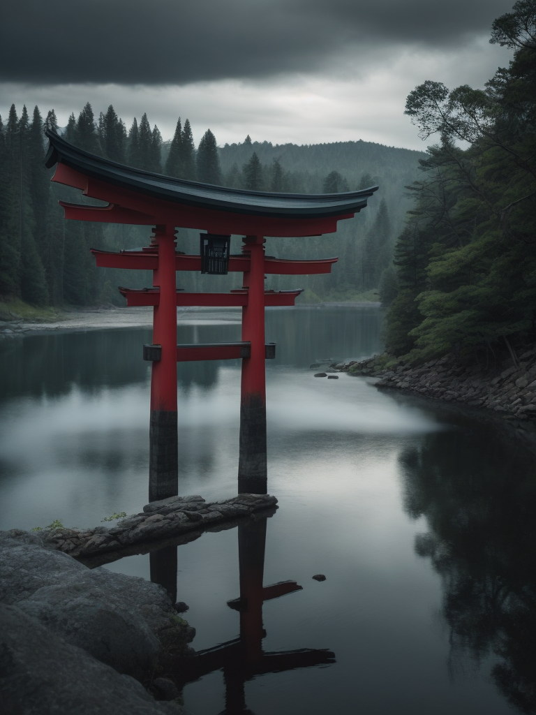 Red torii gate in middle of a lake, Dense forest on the edge of the lake, Bright and saturated colors, Japanese culture, photorealistic, contrast light