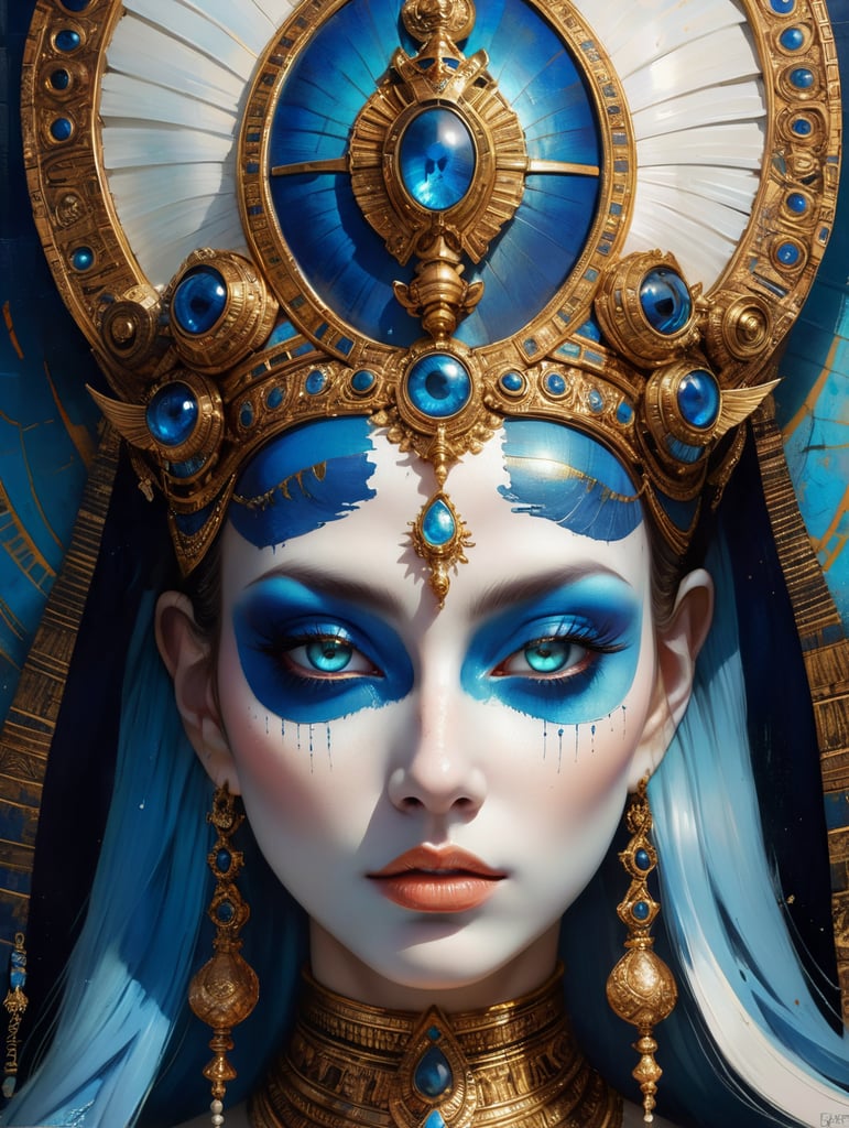 mythology goddess creature with Tutankhamen mask made of azulejo’s white and blue, gothic, gold, Neoclassical, elegant, beauty, antique classical, masterpiece, Canon50, Beautiful Lighting, Sad, highly detailed, detailed facial features, unreal engine, very detailed eyes, symmetrical eyes, mythology