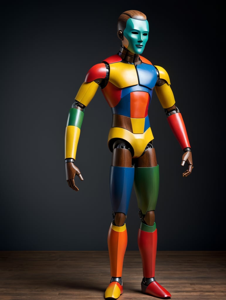 Studio photography of a wood male doll,full body, with an minimal colorful mask, inspired in triadic ballet, bauhaus school style