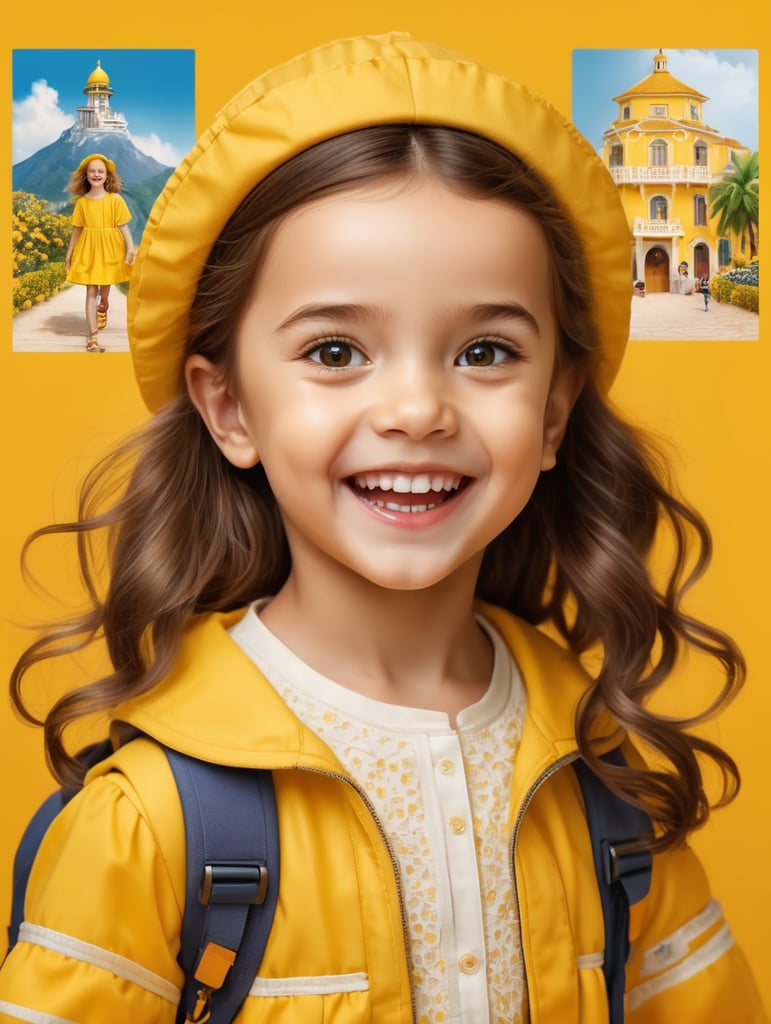 photo happy little girl going to travel, cute girl, dressed in all yellow, yellow background, harpers bizarre, cover, headshot, hyper realistic