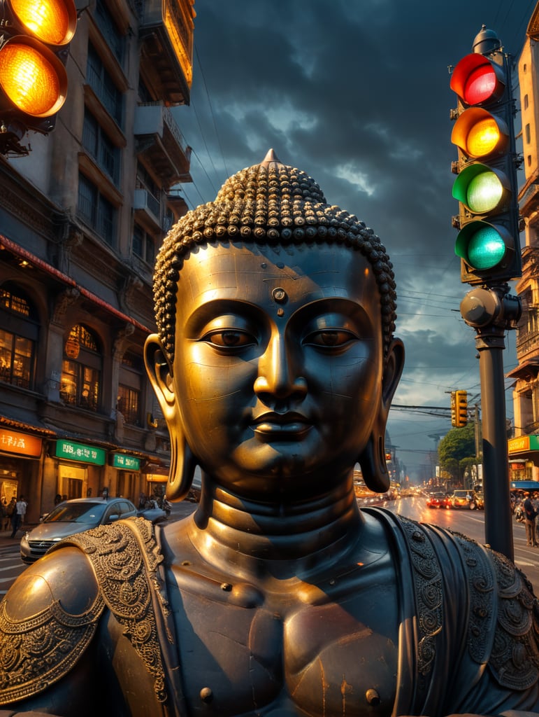 Create a statue of the Buddha sitting and in front of his eyes a traffic light in the foreground of the photo