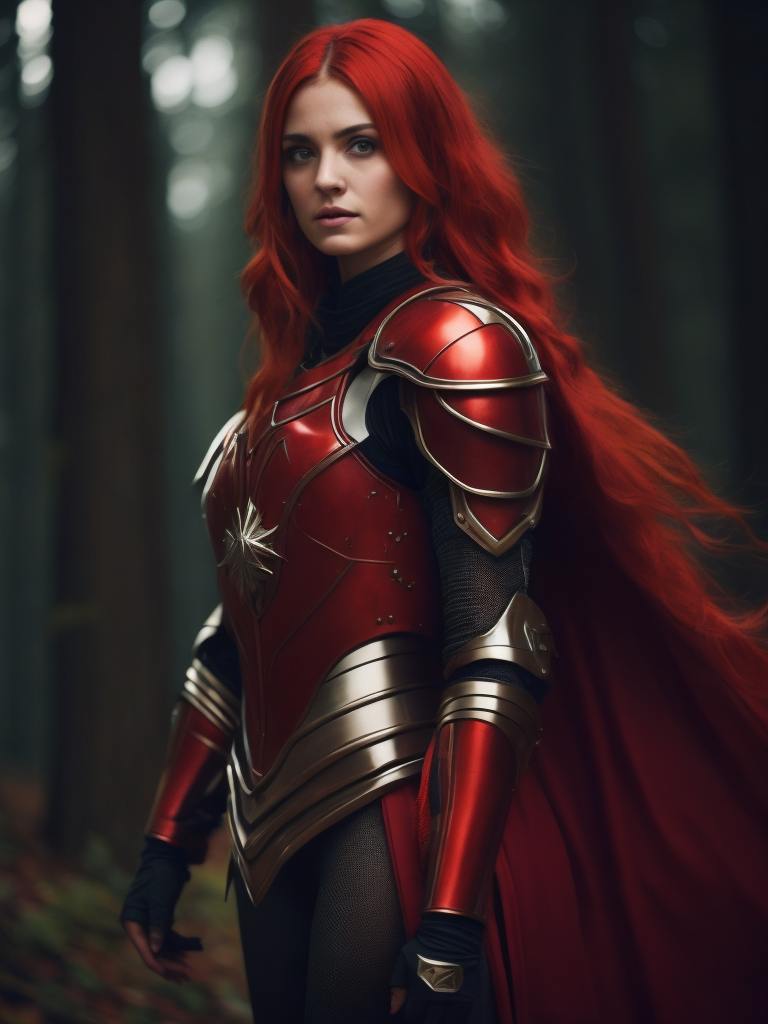 A young beautiful girl in red armor and red hair against the backdrop of a forest in red-burgundy tones, blurred background, focus on the girl, detailed armor, Dramatic Lighting, Depth of field, Incredibly high detailed