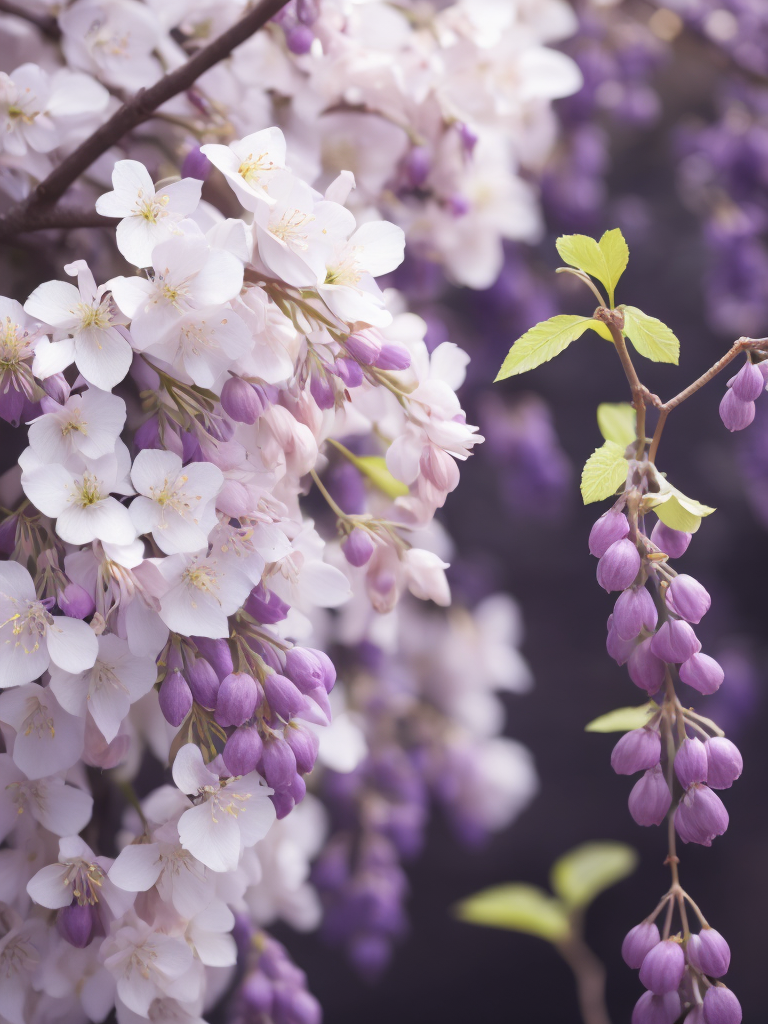 Wisteria and cherry blossom, deep colors