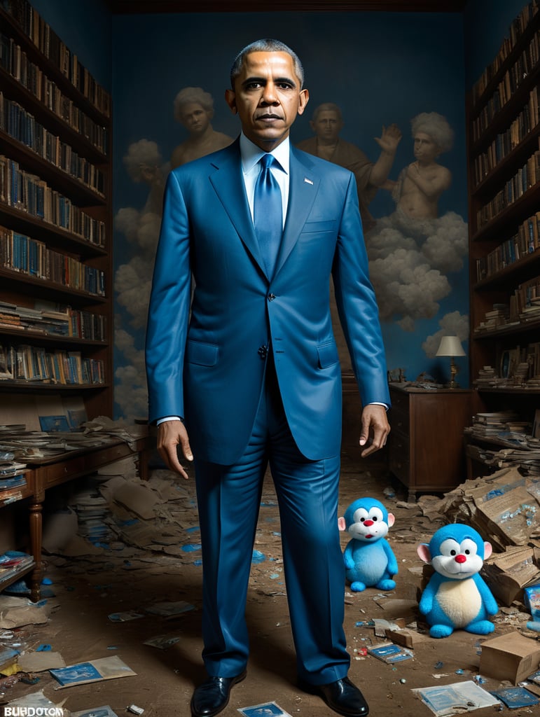 Barack Obama whole body and head painted with blue Doraemon. The image styled with Platon Antoniou photographer take a colour photo. Obama pose standing without expression. Just empty stare.