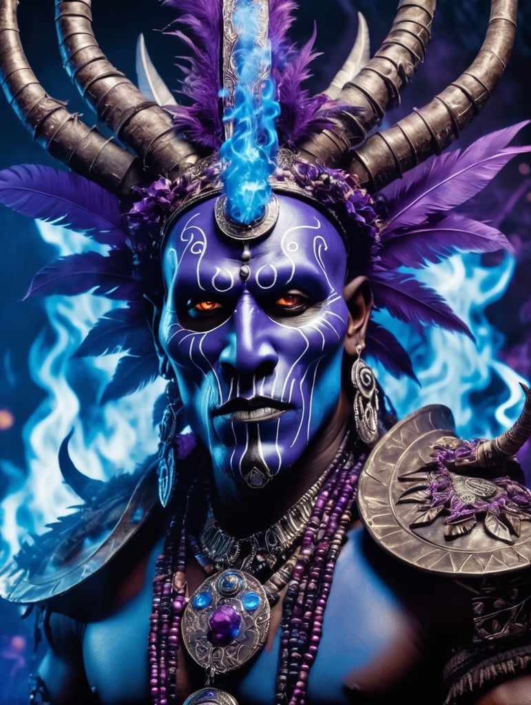 a witch doctor wearing a voodoo mask, surrounded by blue and purple flames, high quality cinematic lighting, fantasy, magical, dreamy, unique