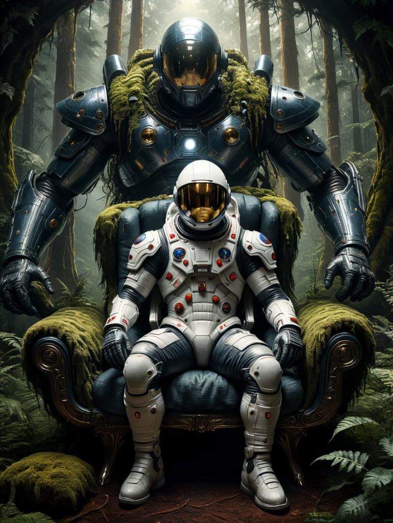 Spaceman sitting on a couch in the middle of a dark forest