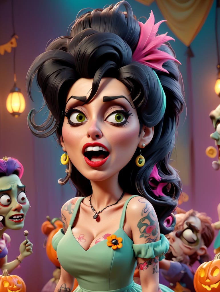 Drunken Zombie Amy Winehouse singing on stage, Halloween style, Vivid saturated colors, Contrast color