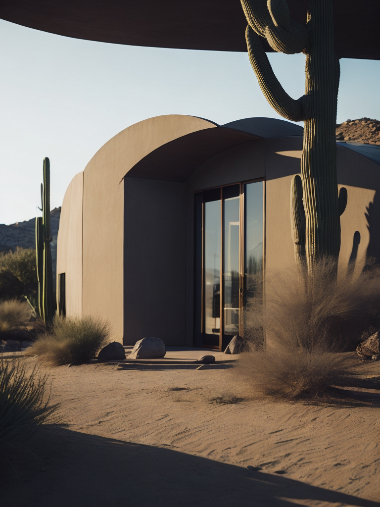 An architectural rendering of a minimal, geometric, curved, sculptural, stucco textured, tan desert abode, sand and clay facade with small carved window openings, wood accents, arched glass door opening, cactus, tumble weed, artificial lighting, desert landscaping, outdoor camp fire, located in Arizona during twilight, hazy horizon