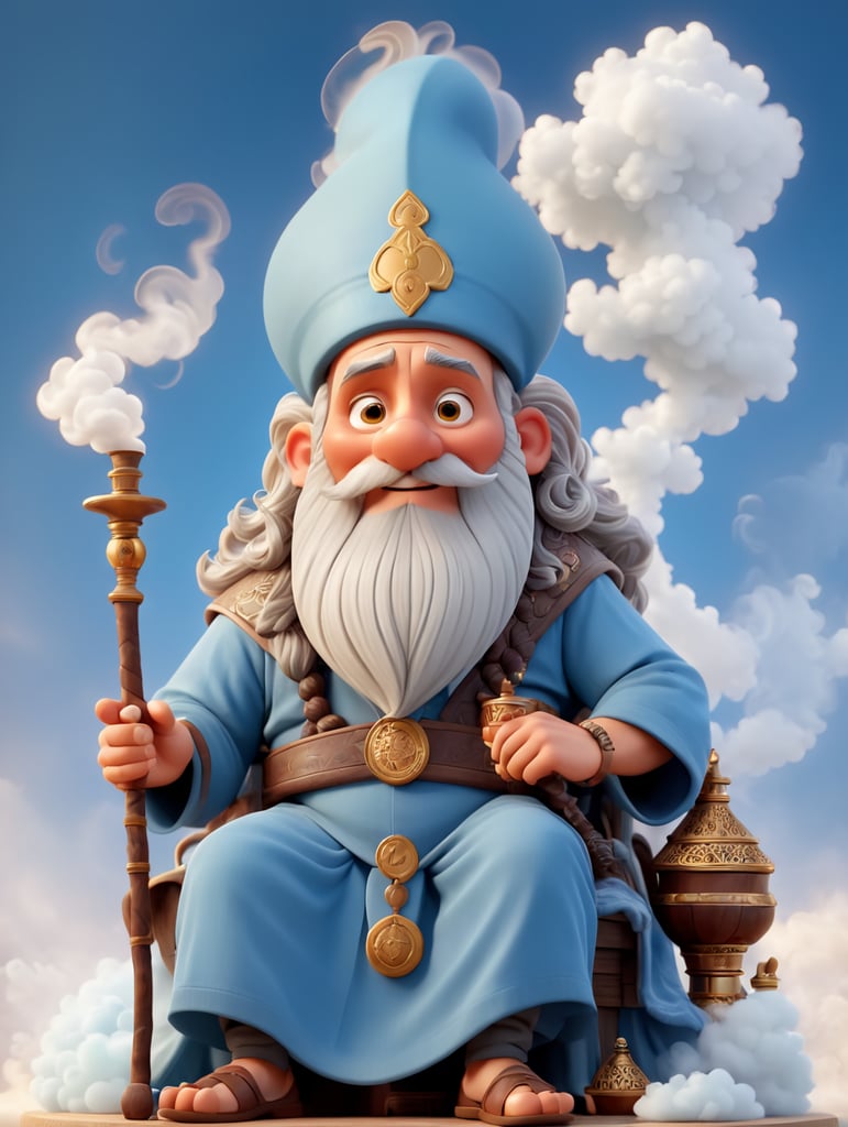 old wizard with a long beard sitting cross-legged, smoking a hookah with a huge cloud of smoke above him