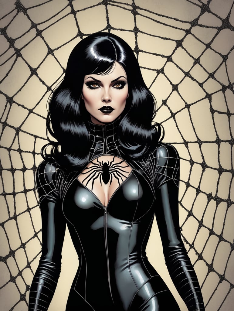 70s comic art Female vampire Goth with dark black hair with black spider web suit 70s comic