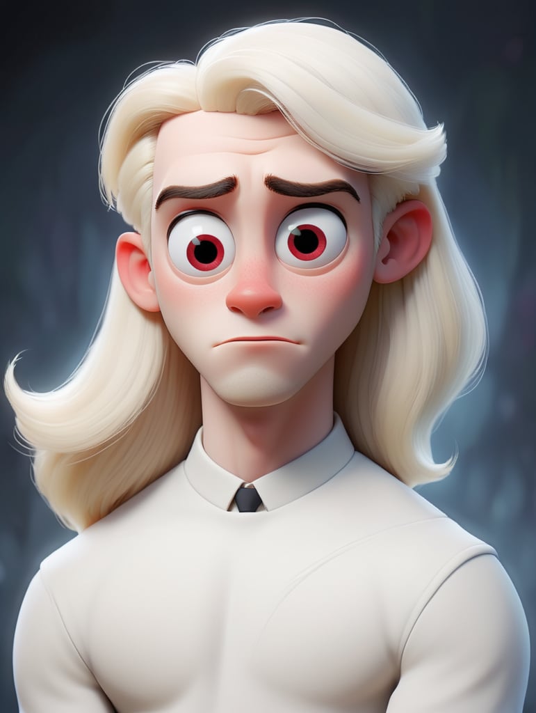 Young pale man, albino, very long blonde straight hair, red eye