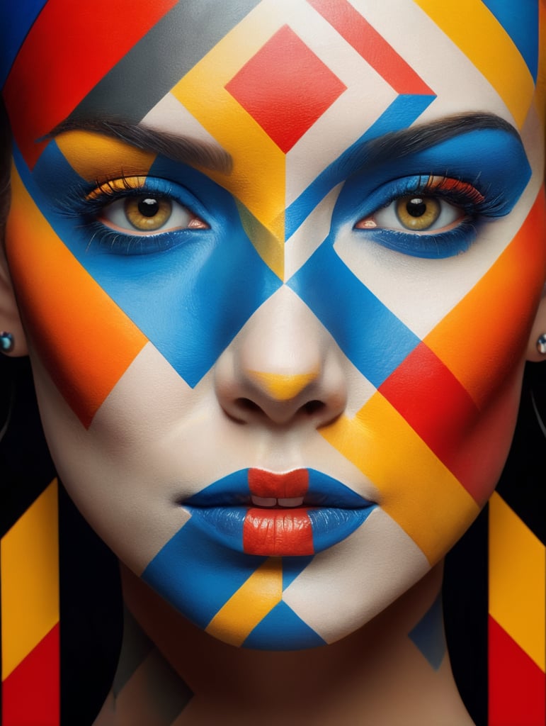 close up portrait of female face, painted in geometric shapes using primary and secondary colors, expresive
