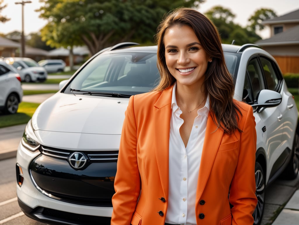 woman, bright orange blazer, white shirt, smiling, outside, suburbs, charging electric car