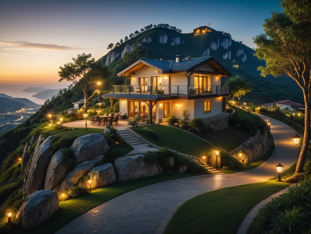modern small cozy house on the top of a hight mountain with green trees and grass, a road leads to it, views of the village and the sea, photorealistic photo, walk paths, whide relax zone evening lights, lamps garland , wide parking zone
