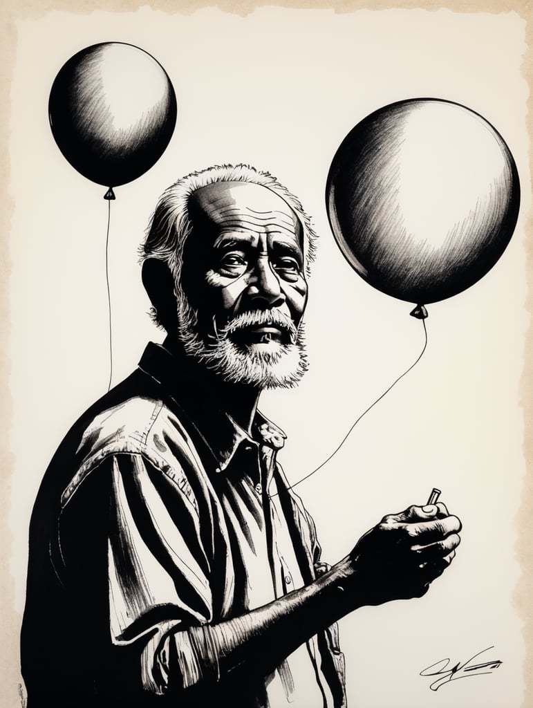 Ink pen sketch, low light, low detail, old man holds a balloon in his hand