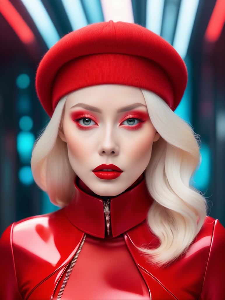 An ethereal albino pop artist in a red sleek futuristic outfit, with a wool beret, light makeup with depth of field, fantastical edgy and regal themed outfit, captured in vivid colors, embodying the essence of fantasy, minimalist, photography 8k resolution image.