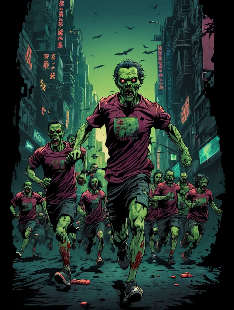 tshirt print design of ZOMBIE HORDE RUNNING THROUGH CITY, cyberpunk, neo future