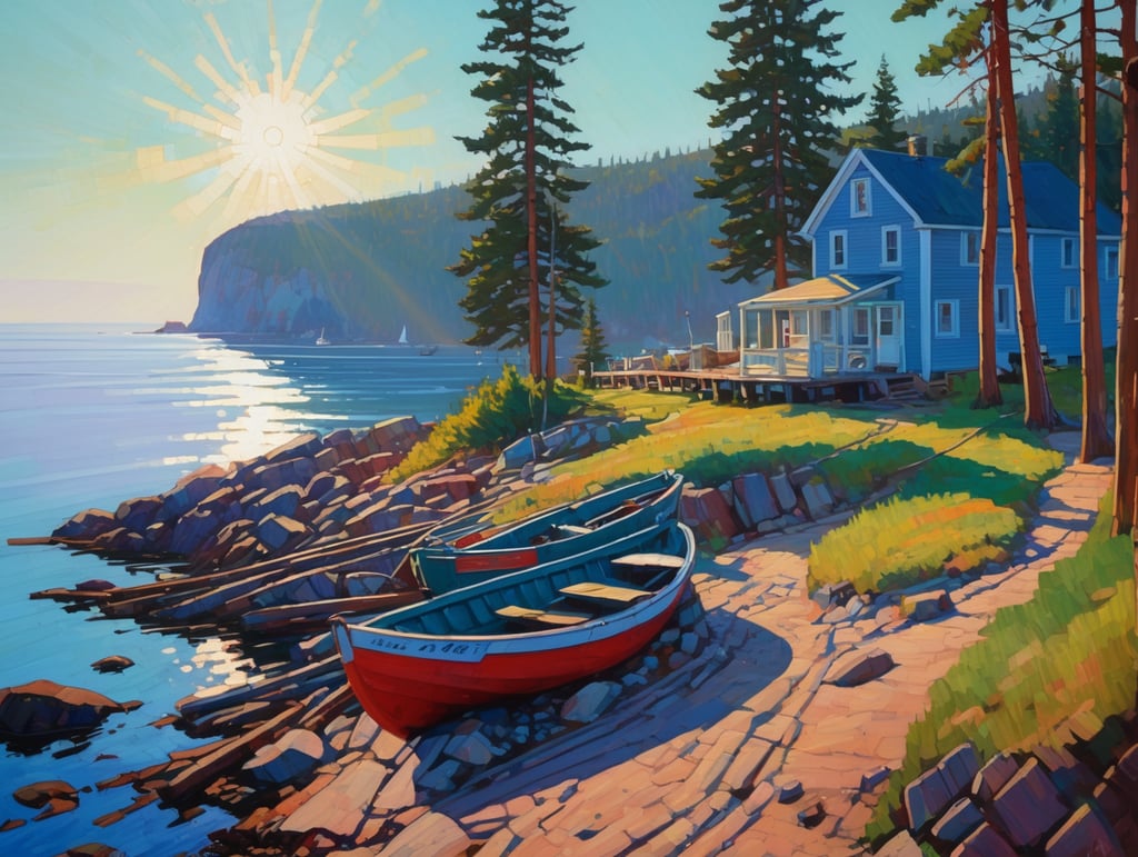 Ocean, seashore, some gaspé cliffs, labrador landscape, rpg style, erin hanson, trees, boat, quay, wharf, morning light with long shadows and mist, some fog, house, painting, hill, spruce tree, some sand