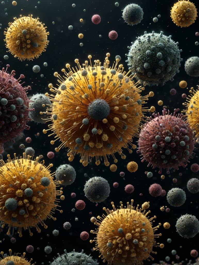 view of several microscopic round particles floating in the air such as viruses, pollen, bacteria