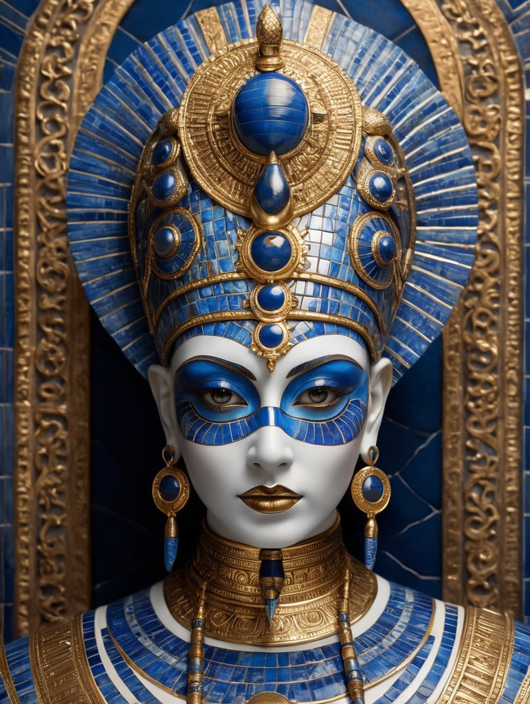 mythology goddess creature with Tutankhamen mask made of azulejo’s white and blue, gothic, gold, Neoclassical, elegant, beauty, antique classical, masterpiece, Canon50, Beautiful Lighting, Sad, highly detailed, detailed facial features, unreal engine, very detailed eyes, symmetrical eyes, mythology