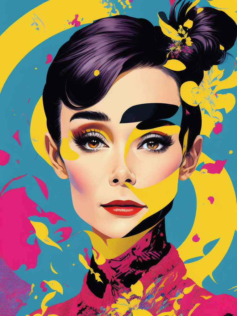 Portrait of Audrey Hepburn, Album art, gorgeous stunning vibrant digital art by Yoh Nagao and Ken Price, no written text. octane render, gloss. inspired by mellon collie and infinate sadness digital collage artist john craig