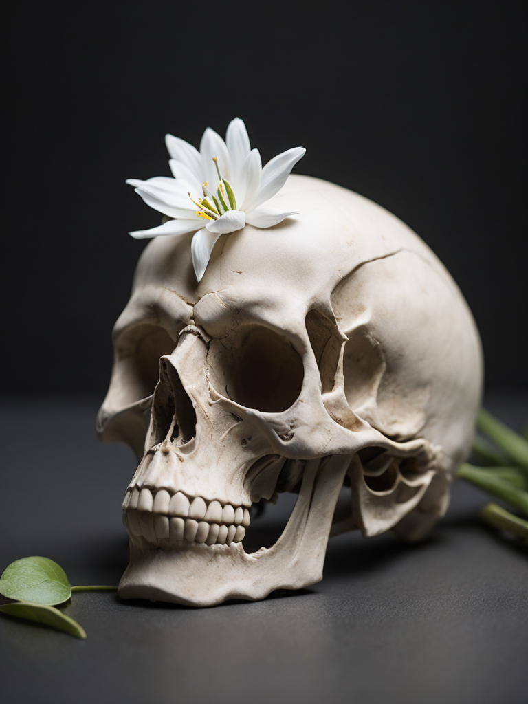 very detailed side view of human skull, with white lilies , shallow depth of field focus, black background, moody dramatic lighting, candles dead insects and dead ravens