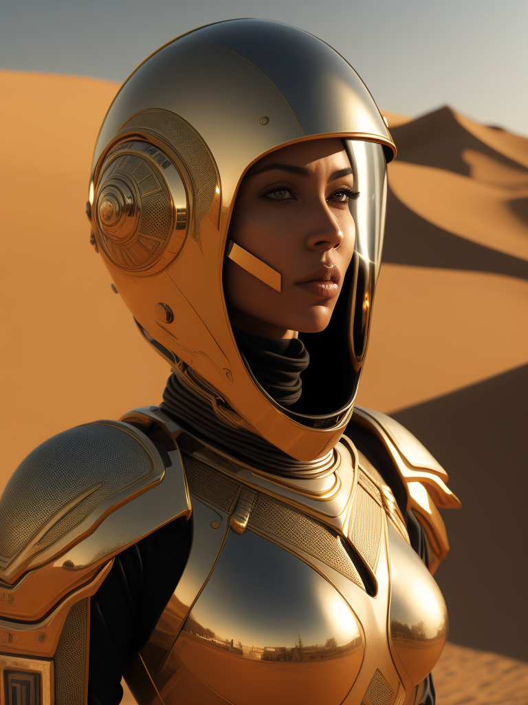 Cyber girl wearing gold chrome helmet, shining reflections, walking in the desert, photorealistic, hyper-detailed, dune atmosphere