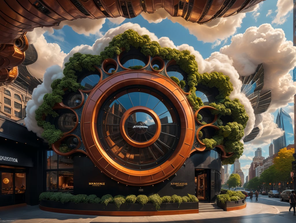 dream prompt: the craziest large viewing angle and large view lens architectural modern style hyper realistic hyper detailed neocosmic exterior architecture design of a cloud shape Fluid restaurant facade, geometric foam spectrum, green::1 white::3, Santiago Calatrava and Aaron Horkey architecture art styles, in new york city, soft ambient, night light, cinematic photo, natural lighting, camera nikon, 8k, --s1000 --style raw, you can imagine