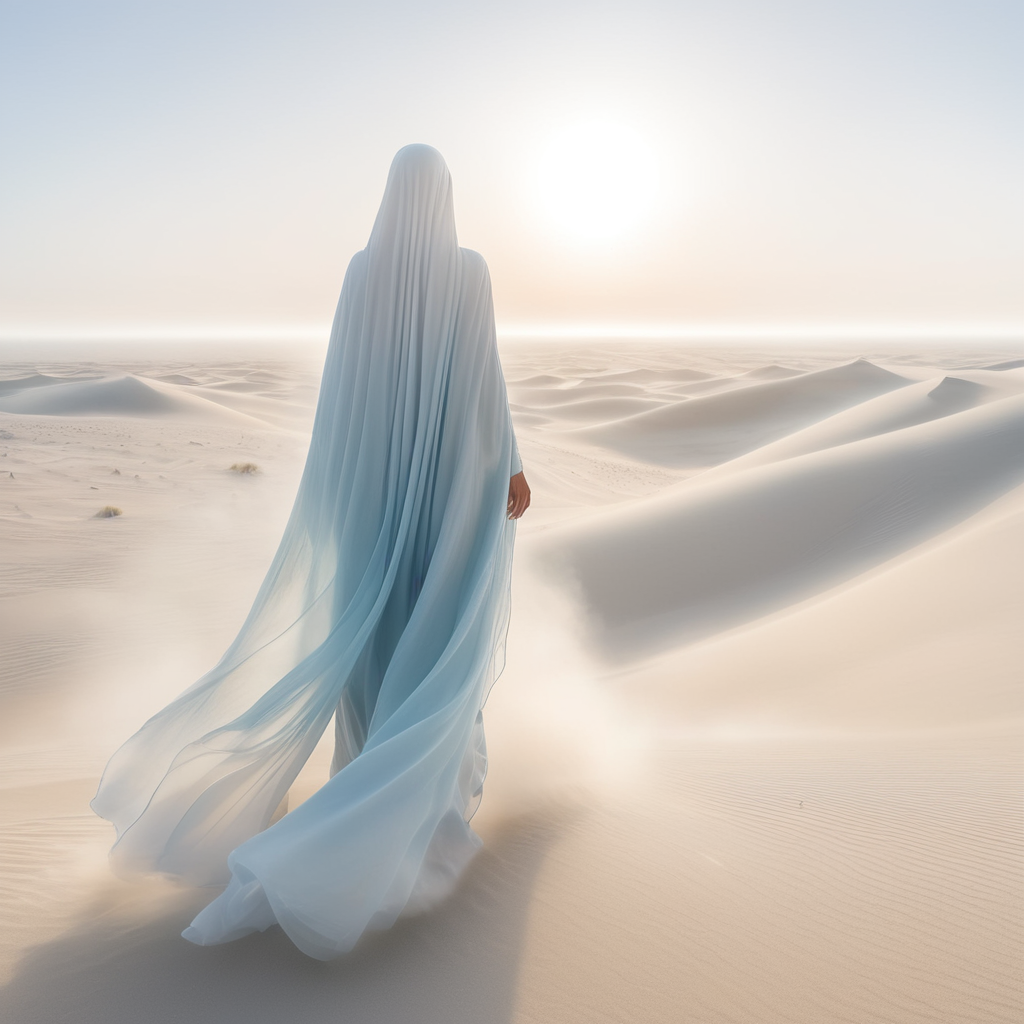view from behind(((ethereal misty blue cloaked woman figure))), clad in light tones, advancing through a (((dunescape))) under a (rising sun), with (vast, silvery sand dunes) reflecting an otherworldly light around its surroundings, abstract art