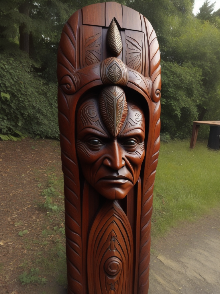 a redskin American totem carved from the dark wood, detailed, deep carving, handcrafted