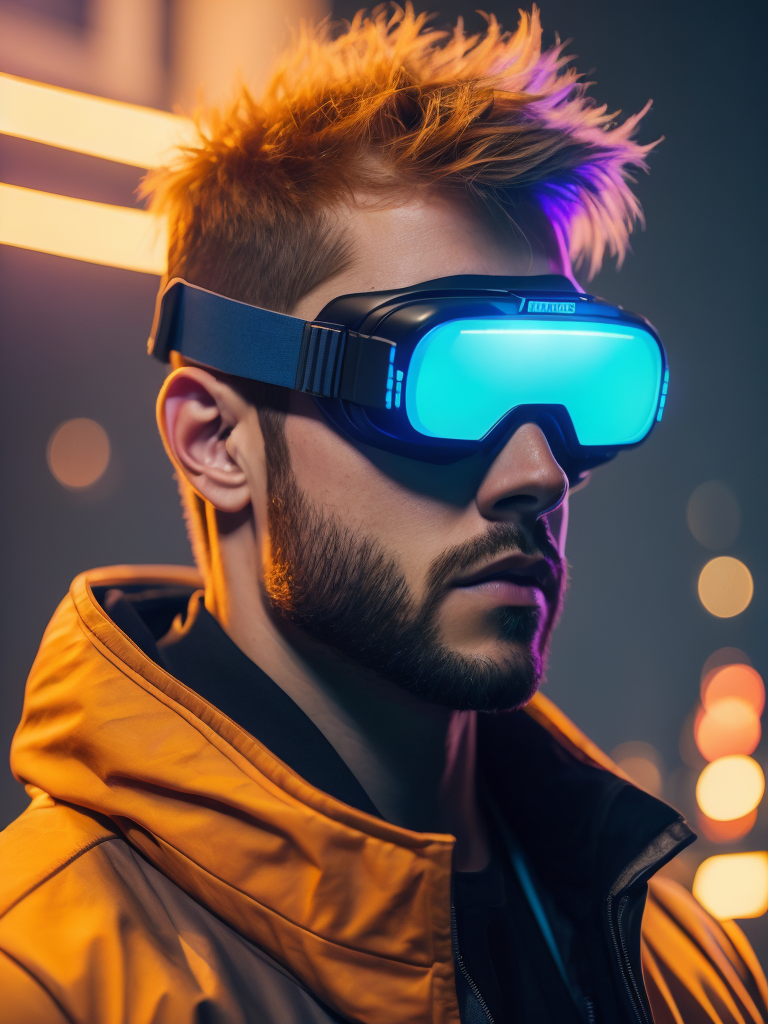 Man wearing virtual reality glasses, cyberpunk style, neon colors, bright colors, bright blue glowing glasses, sharp details, contrasting light