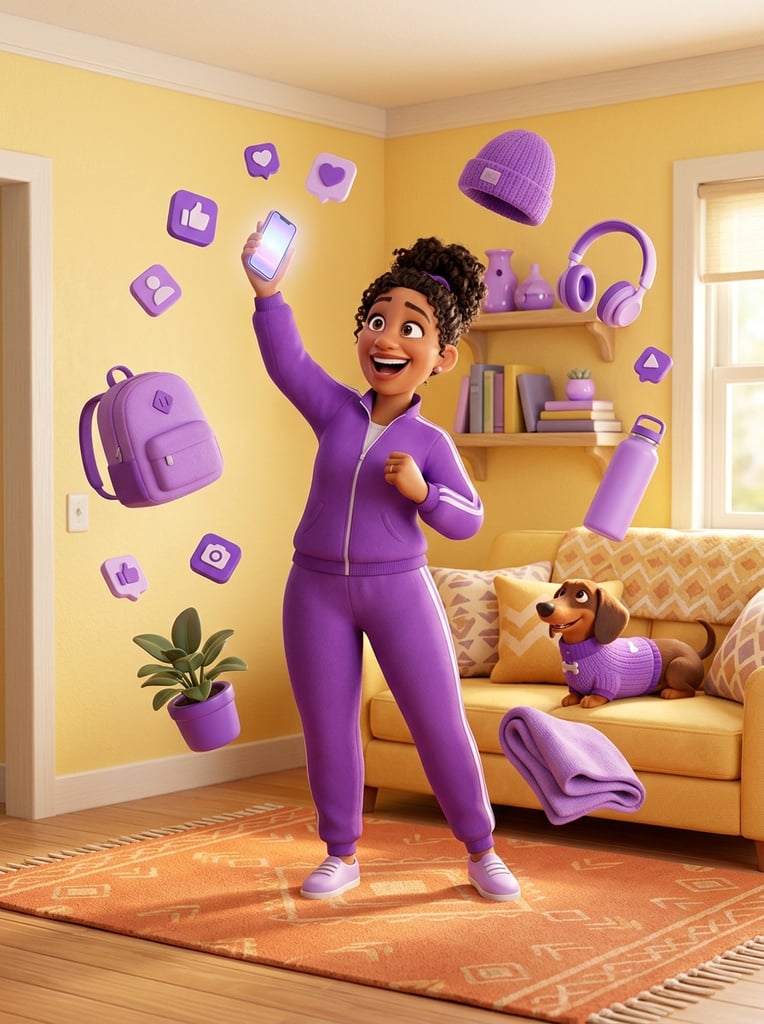 Vibrant 3D render of a joyful woman in a purple tracksuit holding a smartphone amidst floating purple lifestyle items. She poses in a bright yellow room featuring a yellow sofa, orange rug, and a dachshund in a matching sweater. Smooth plastic textures and bright studio lighting.