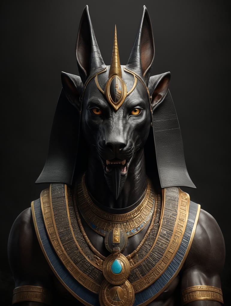 Egyptian god Anubis, portrait, hyper-realistic, dark style, focus on face, sharp on details, black background