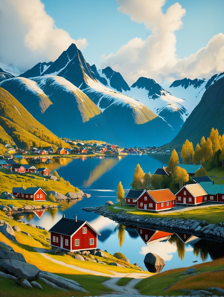 A Norwegian village next to a lake, with large mountains with snowy tops in the background, style of Nikolai Astrup