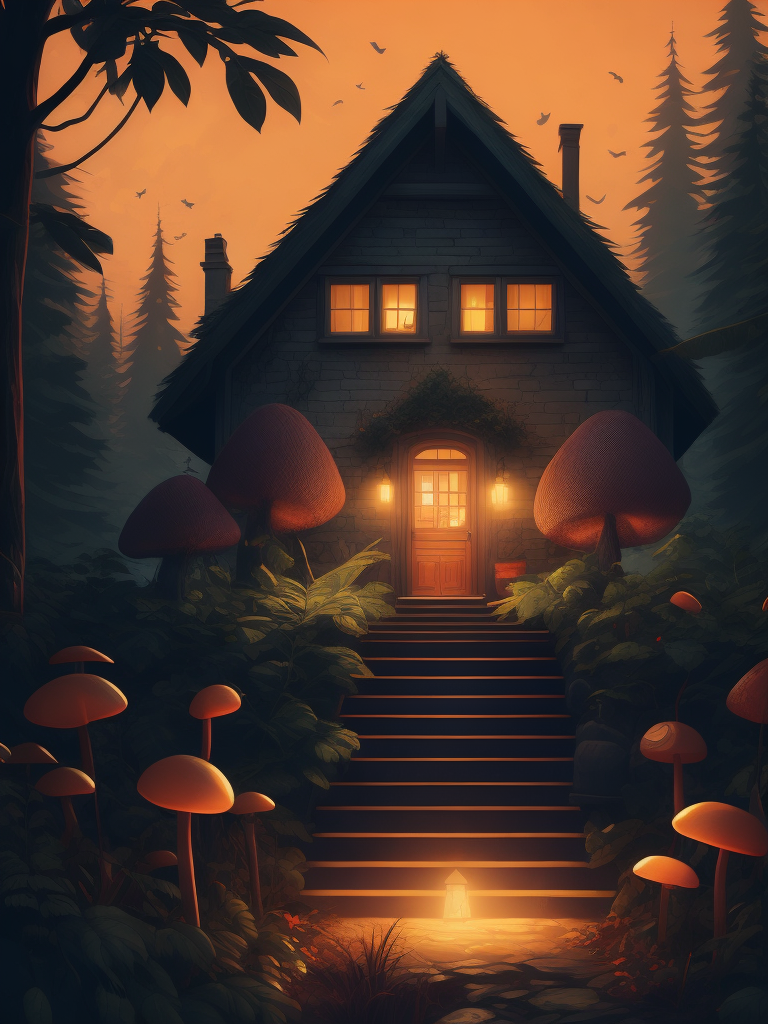 The house in the forest, dark night, leaves in the air, fluorescent mushrooms, animals, gibli, atey ghailan, lois van baarle, jesper ejsing, ernst haeckel, pop art patterns, exquisite lighting, clear focus, very coherent, very detailed, contrast, vibrant, digital painting