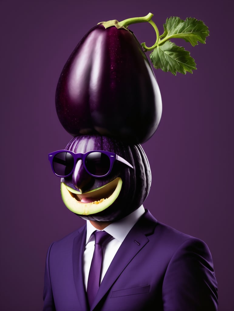 A man in a business suit with a eggplant for a head, dark purple background, sunglasses, isolated, style of Edward Burne-Jones