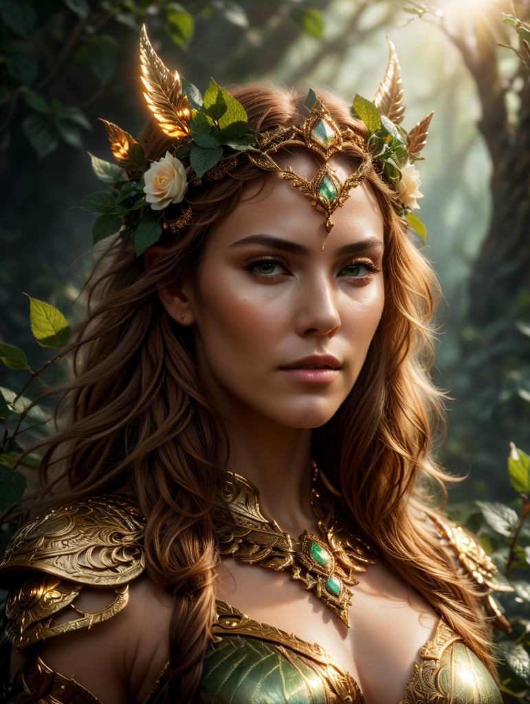 ultra detailed druid goddess with a crown made out of pure light, kind-hearted with a penetrating gaze, golden glow, extremely detailed and beautiful face, gorgeous body, soft copper-colored hair, she wears druid armor, ethereal, magical glow, fantasy art by Mschiffer, ultra sharp focus, ethereal glowy smoke, light particles, roses and vines, brambles