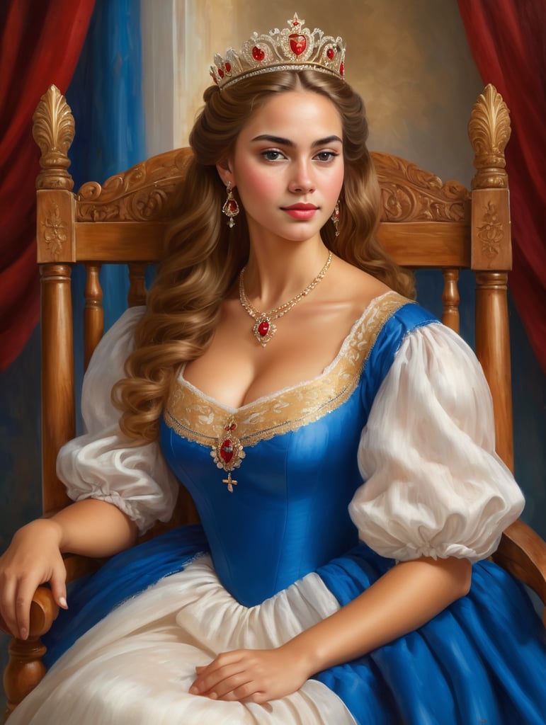 The royal painter of the new Cuba Catholic Kingdom is making a portrait of the young queen, she is sitting posing on a wooden chair, she is beautiful, light cinnamon skin color, golden cinnamon soft curvy hair, beautiful face, sweet expression, wearing royal dress in white, red and blue, with the crown