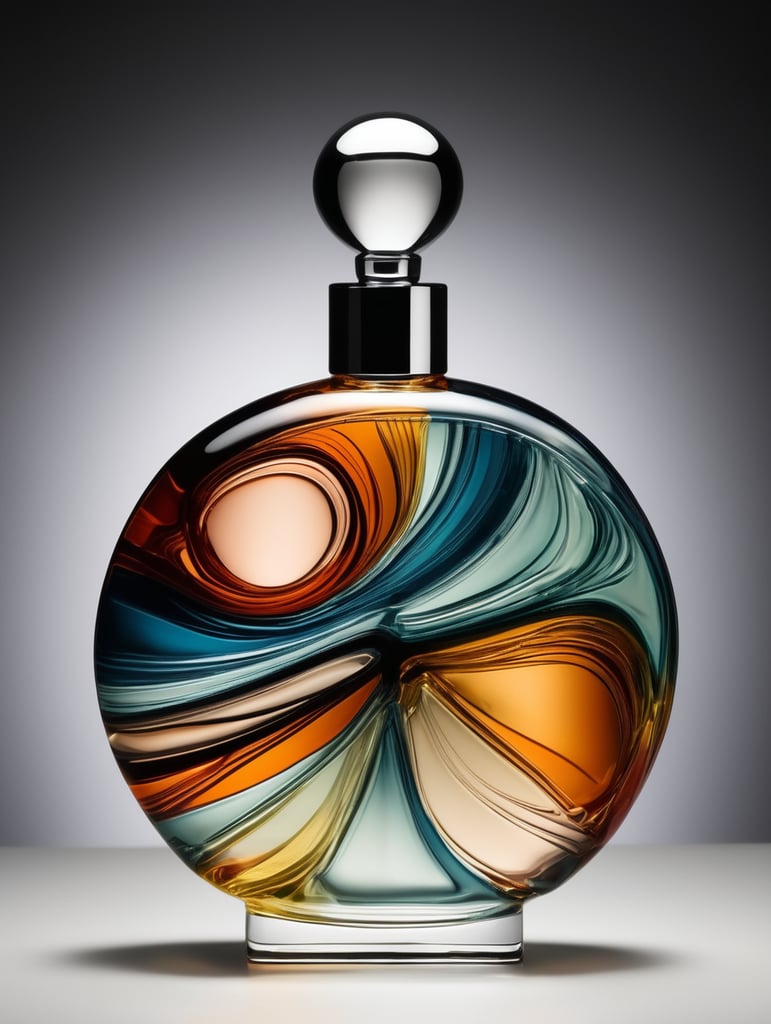 perfume bottle with a abstract look, Design a distinctive statement piece that draws attention to itself through bold use of size, shape, color and complexity.